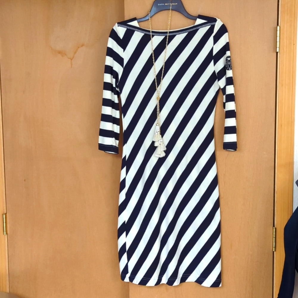 Tory Burch Navy & Cream Striped Knit Dress Medium